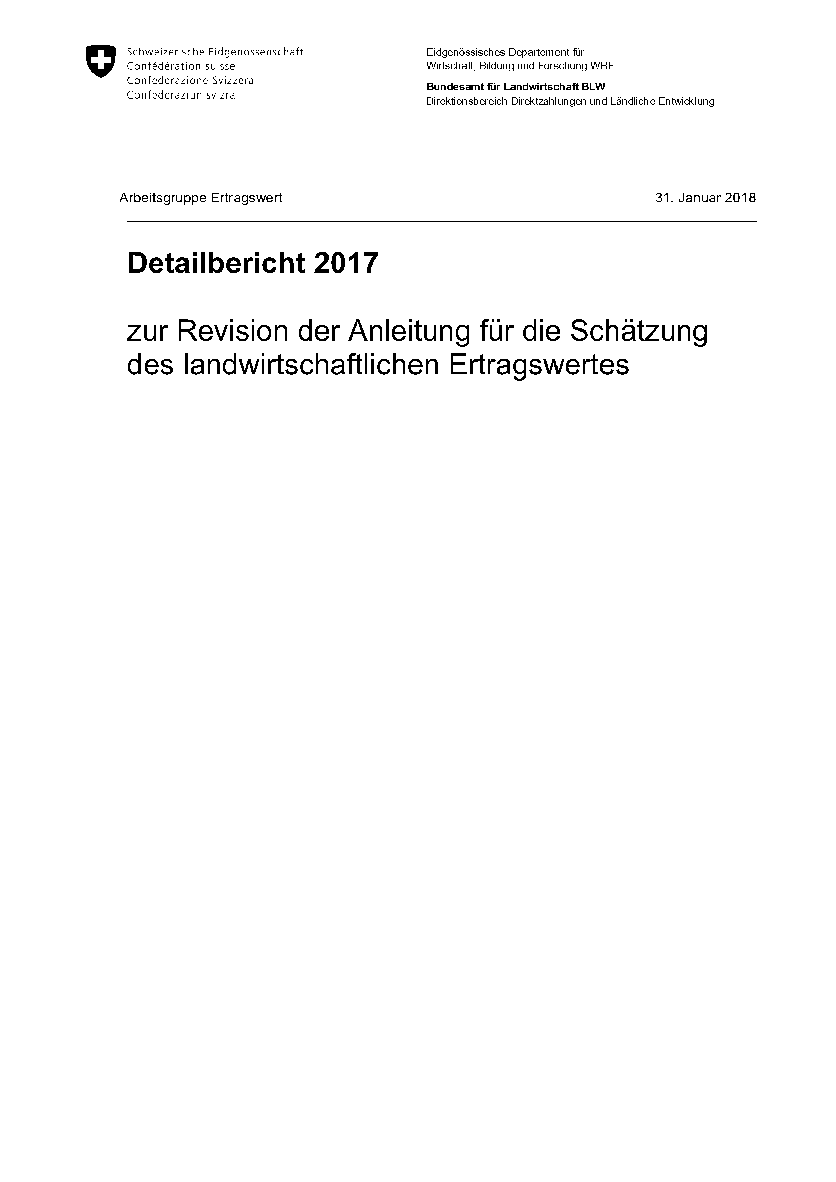 Titelblatt des Detailbericht 2017 zur Revision der Anleitung für die Schätzung des landwirtschaftlichen Ertragswertes