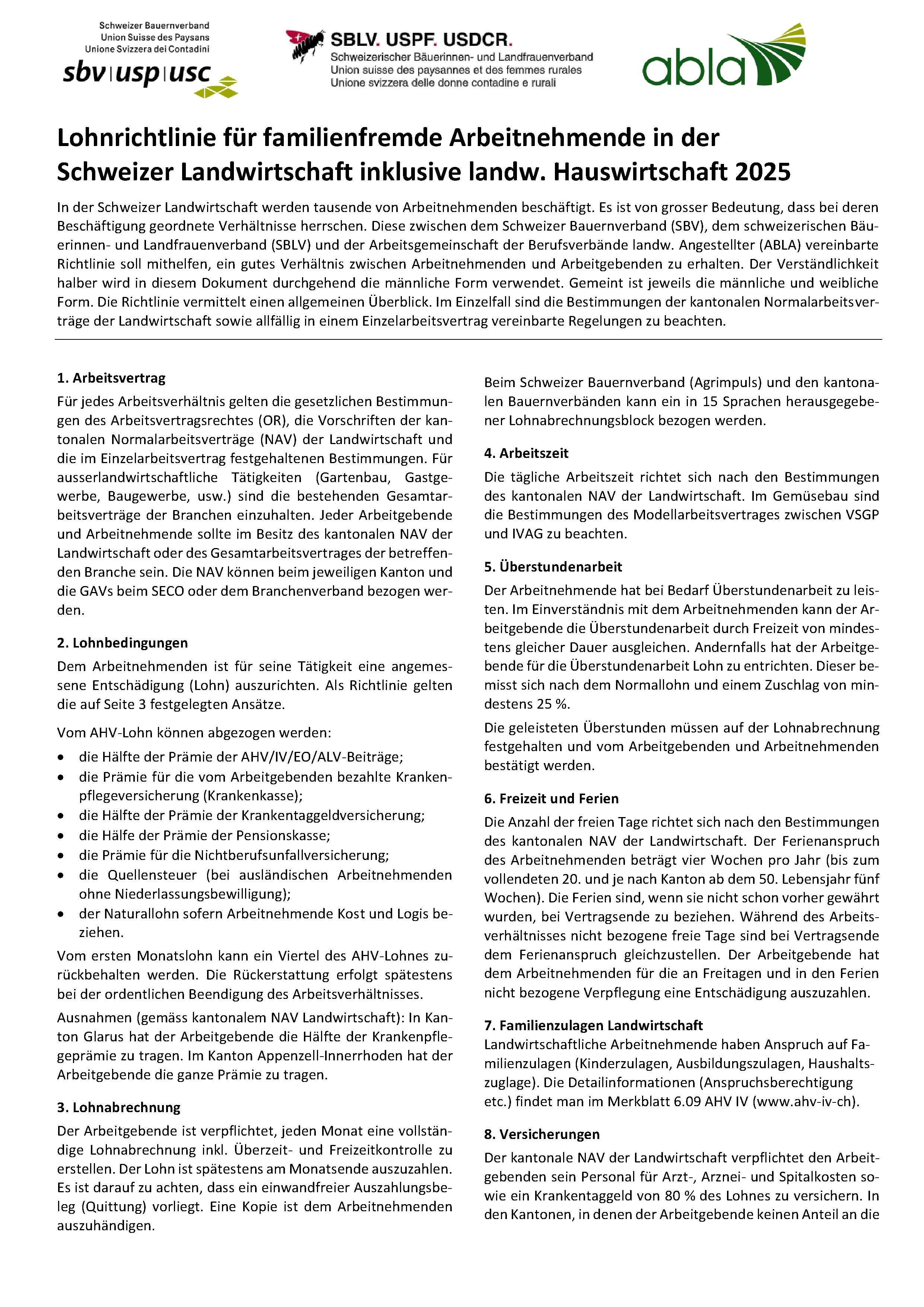 Die erste Seite der "Lohnrichtlinie für familienfremde Arbeitnehmende in der Schweizer Landwirtschaft inklusive landwirtschaftliche Hauswirtschaft" zeigt die Logos des SBV, SBLV und der abla und steigt direkt in den Text ein.