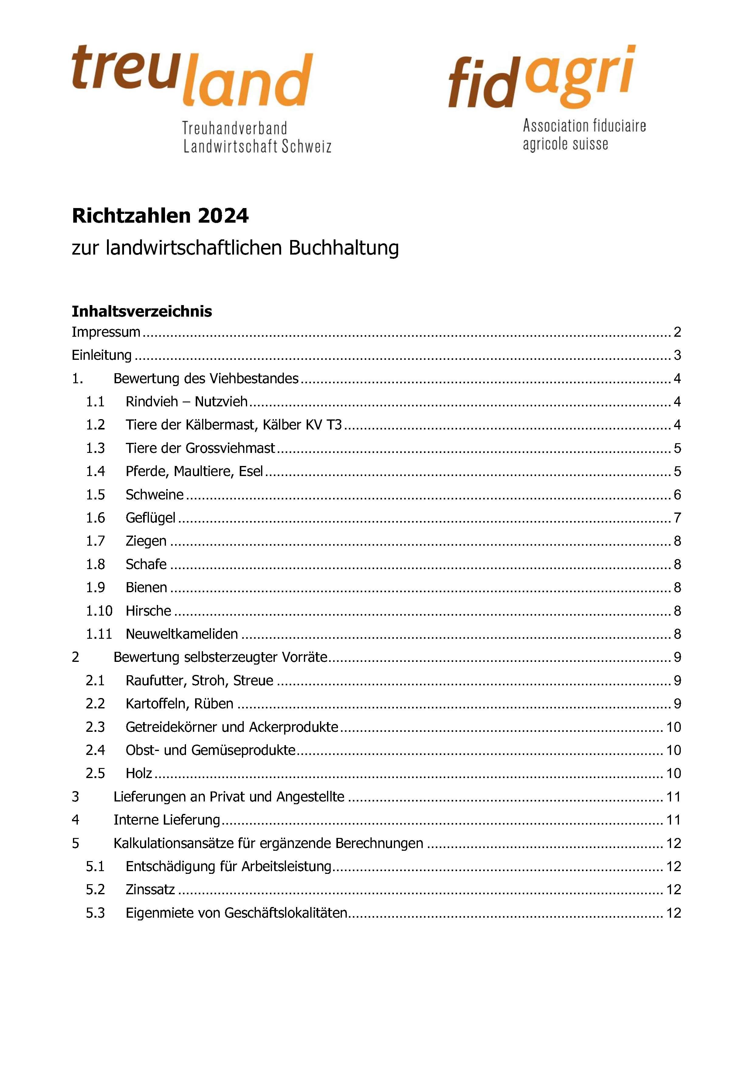 Das Titelblatt der Richtzahlen zur landwirtschaftlichen Buchhaltung ist gleichzeitig das Inhaltsverzeichnis der Broschüre. Neben diesem ist das Logo von treuland, dem Treuhandverband Landwirtschaft Schweiz abgebildet.