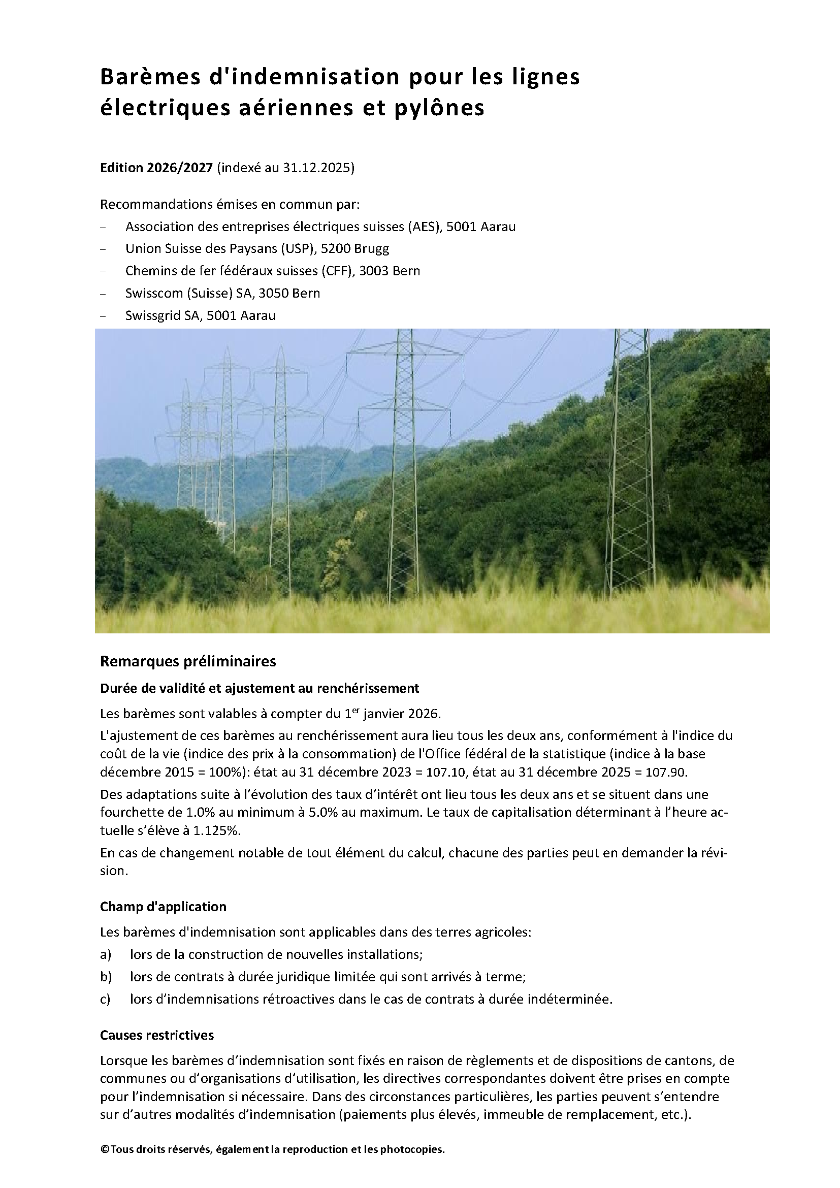 La page de couverture des taux d'indemnisation pour les lignes et les pylônes électriques aériens montre le titre, l'édition et les parties recommandantes ainsi que les premiers détails. On y voit des pylônes électriques dans un paysage.