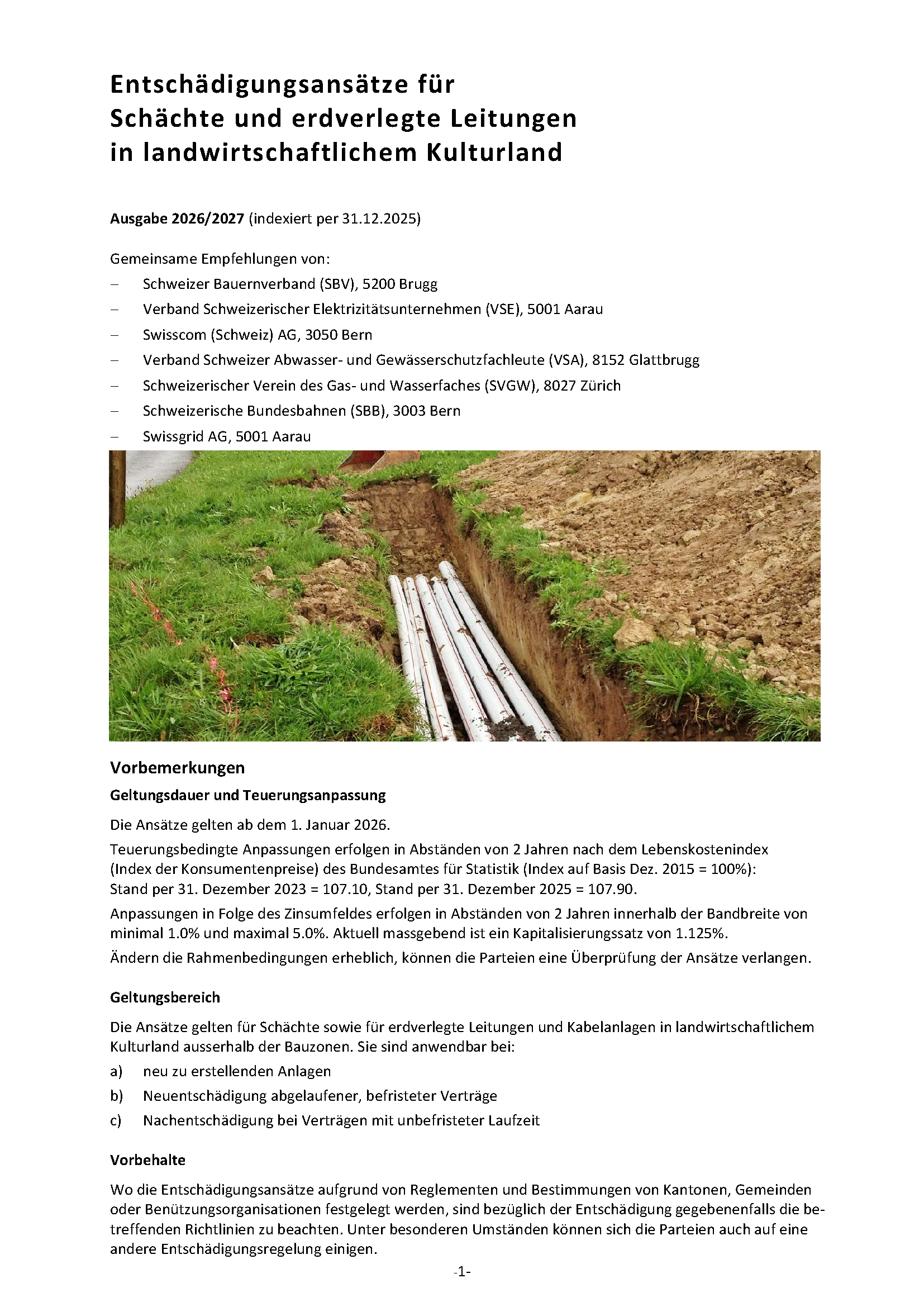 Das Titelblatt der Entschädigungsansätze für Schächte und erdverlegte Leitungen zeigt Titel, Ausgabe und die empfehlenden Parteien.  Das Foto zeigt ausgehobenen Boden, befüllt mit Rohren.