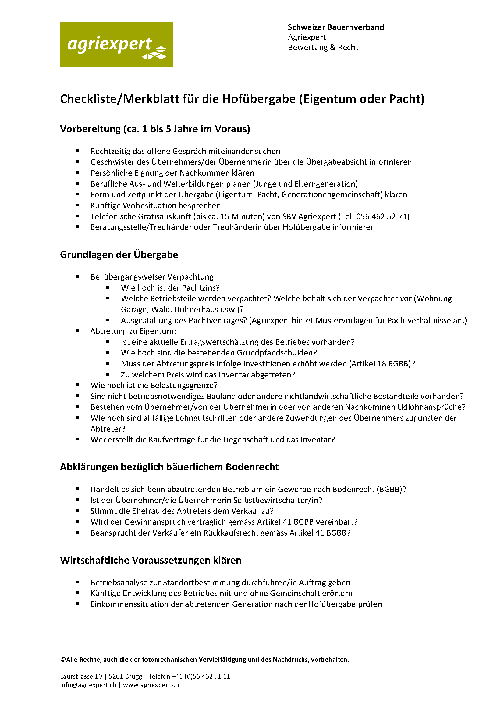 Die Checkliste enthält in der Kopfzeile das Agriexpert-Logo und in der Fusszeile das Copyright. Es wird textlich direkt in das Thema eingestiegen.