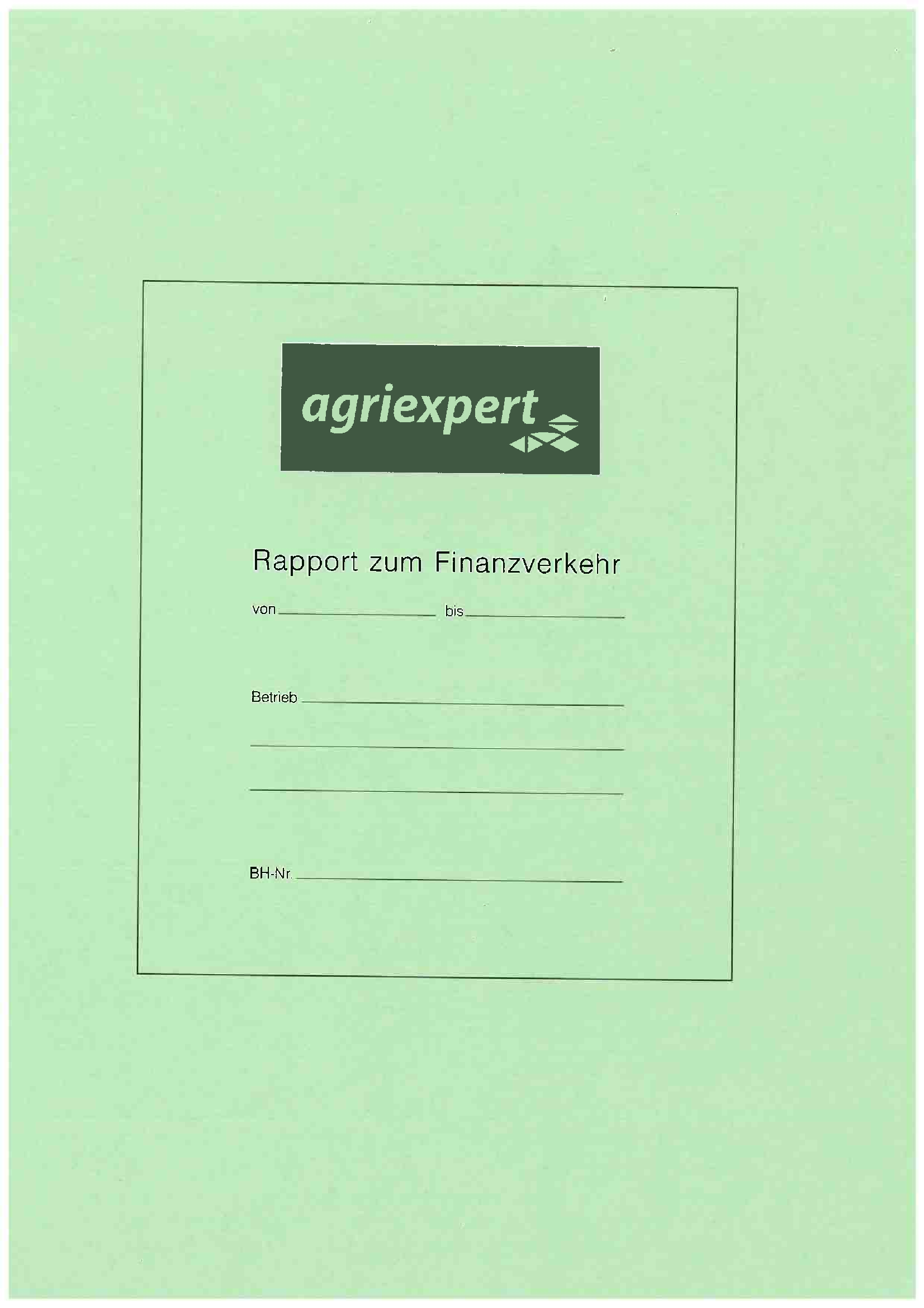 Das Deckblatt des Blocks ist in einem Grünton und mit dem Agriexpert-Logo bedruckt. Der Titel des Blocks und die wichtigen Daten werden abgefragt. Linien zum Vervollständigen sind vorhanden.