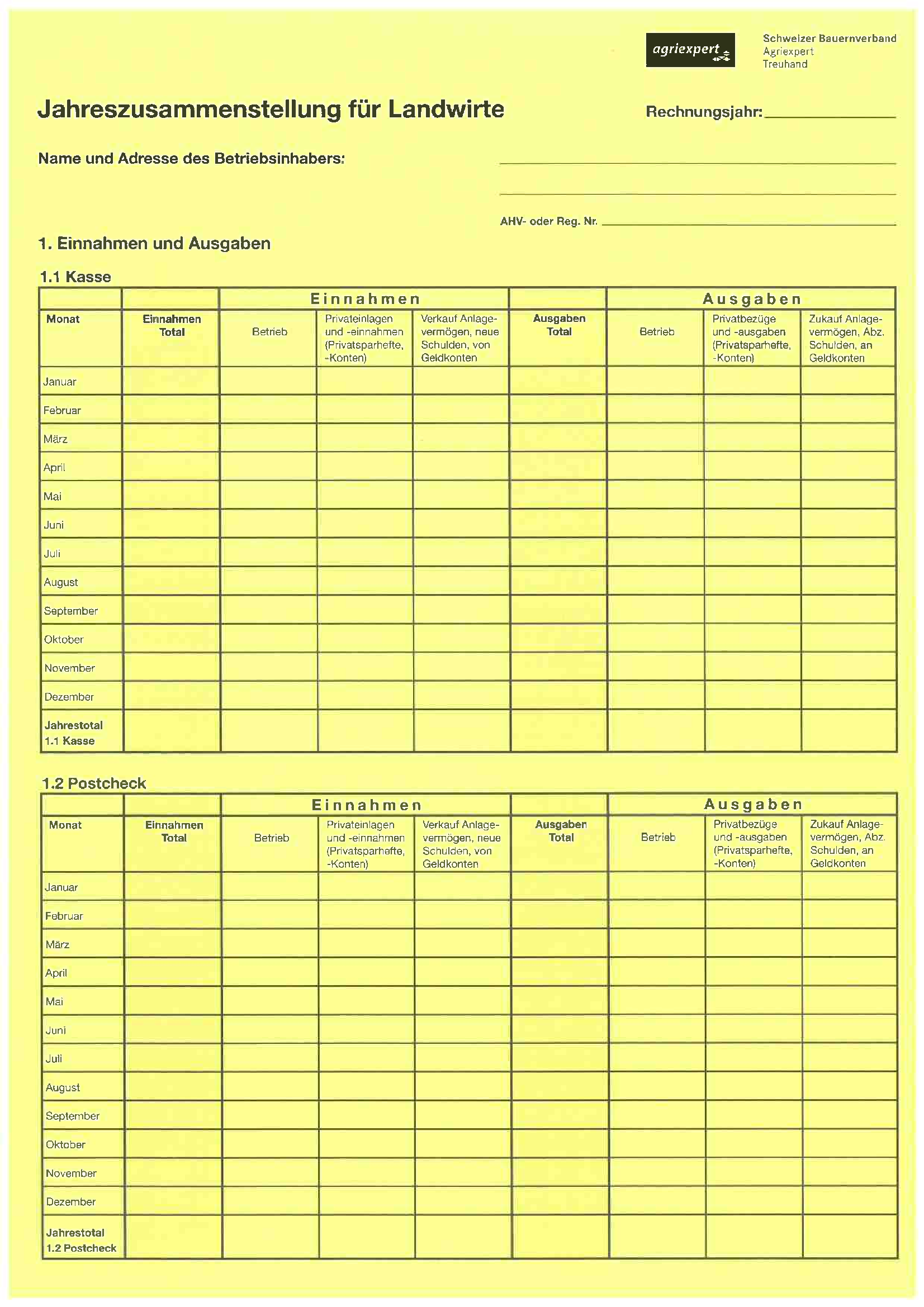 Die Jahreszusammenstellung für Landwirte ist auf gelbes Papier gedruckt und fragt direkt Personalien, Rechnungsjahr sowie erste Einnahmen und Ausgaben ab. Die Daten sind tabellarisch dargestellt.