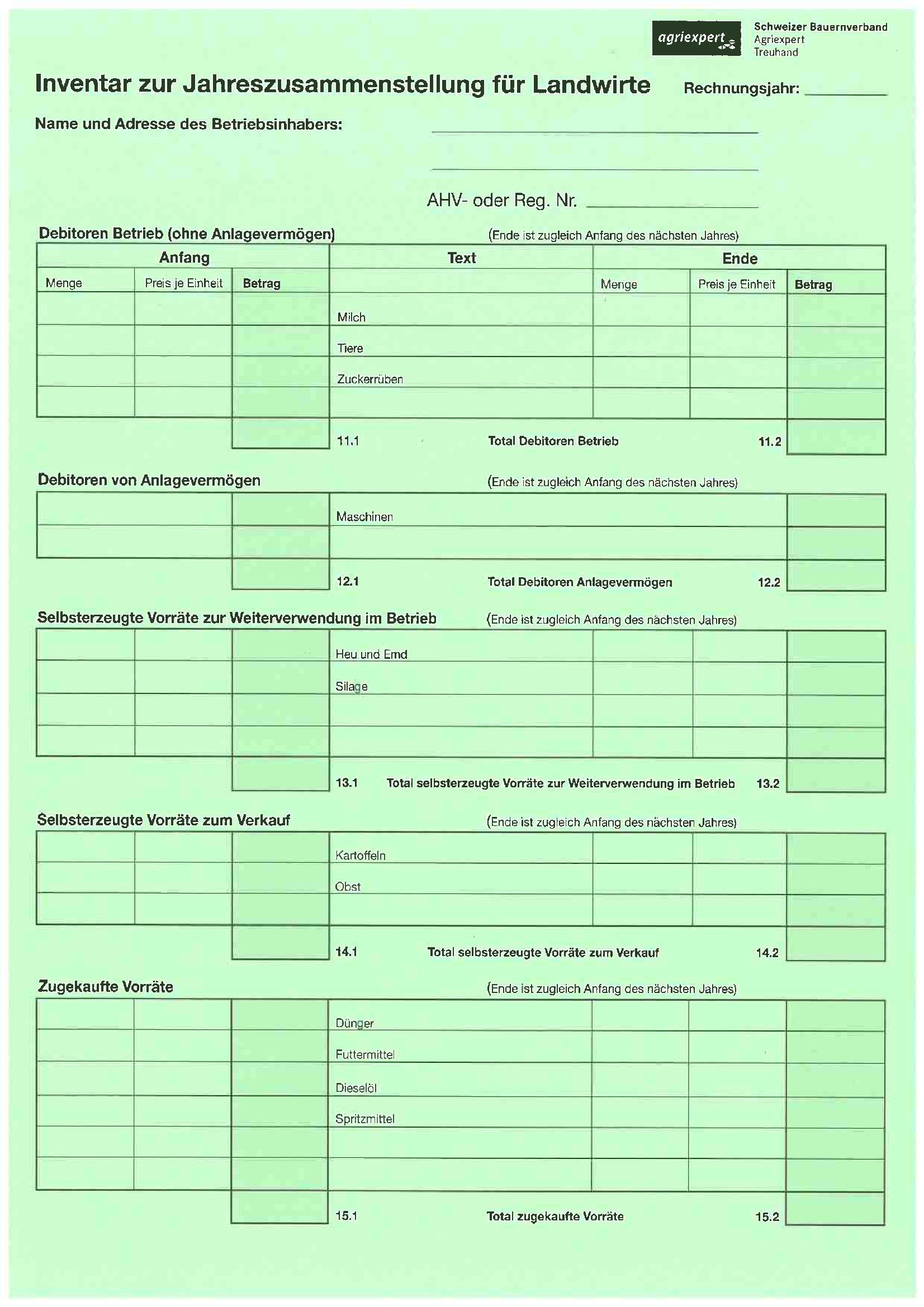 Das Dokument Inventar zur Jahreszusammenstellung für Landwirte ist auf grünes Papier gedruckt und fragt direkt Personalien, Rechnungsjahr sowie Debitoren, Selbsterzeugnissen und Vorräte ab. Die Daten sind tabellarisch dargestellt.